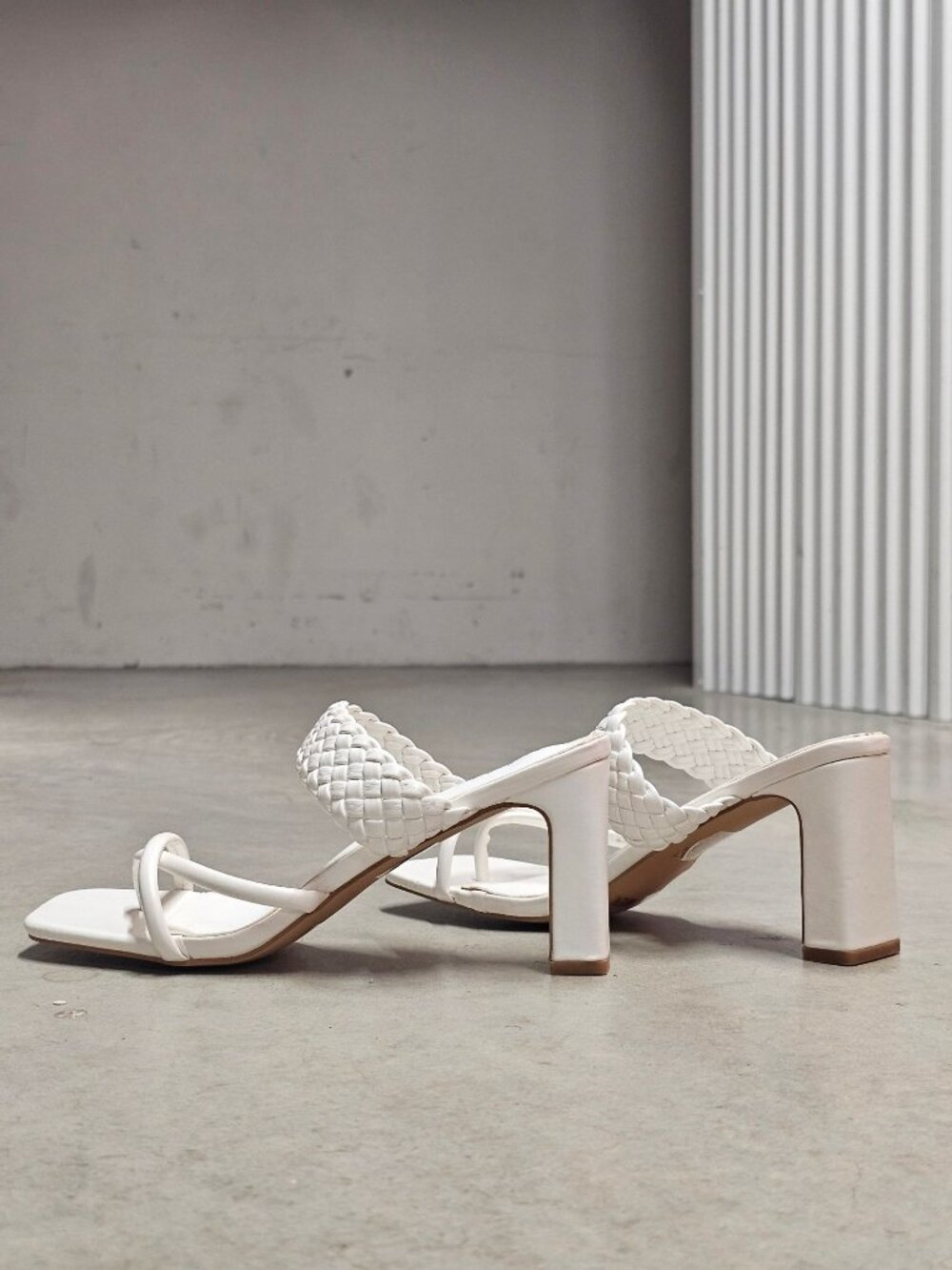 Braided Strap Block Heel Sandals In White With Square Toe And Strappy Design